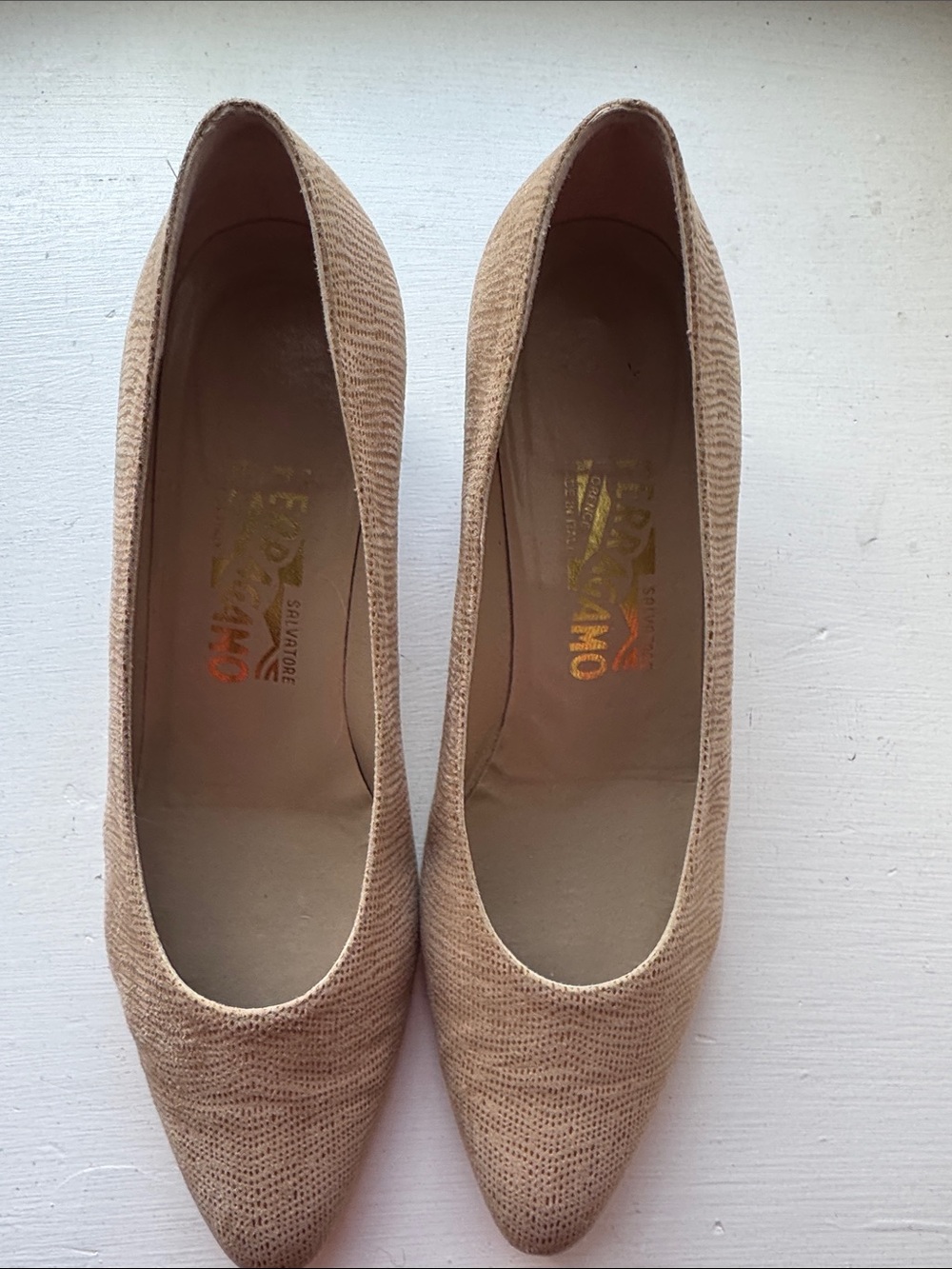 Salvatore Ferragamo Camel Pebble Suede Pointed-Toe Pumps